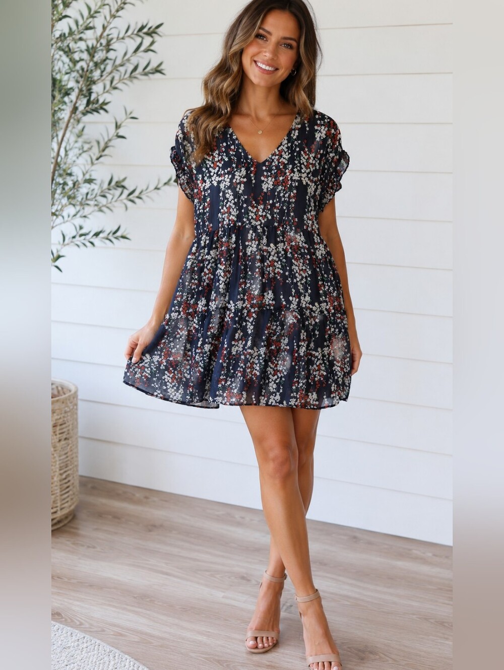 Navy Floral V-Neck Tiered Mini Dress